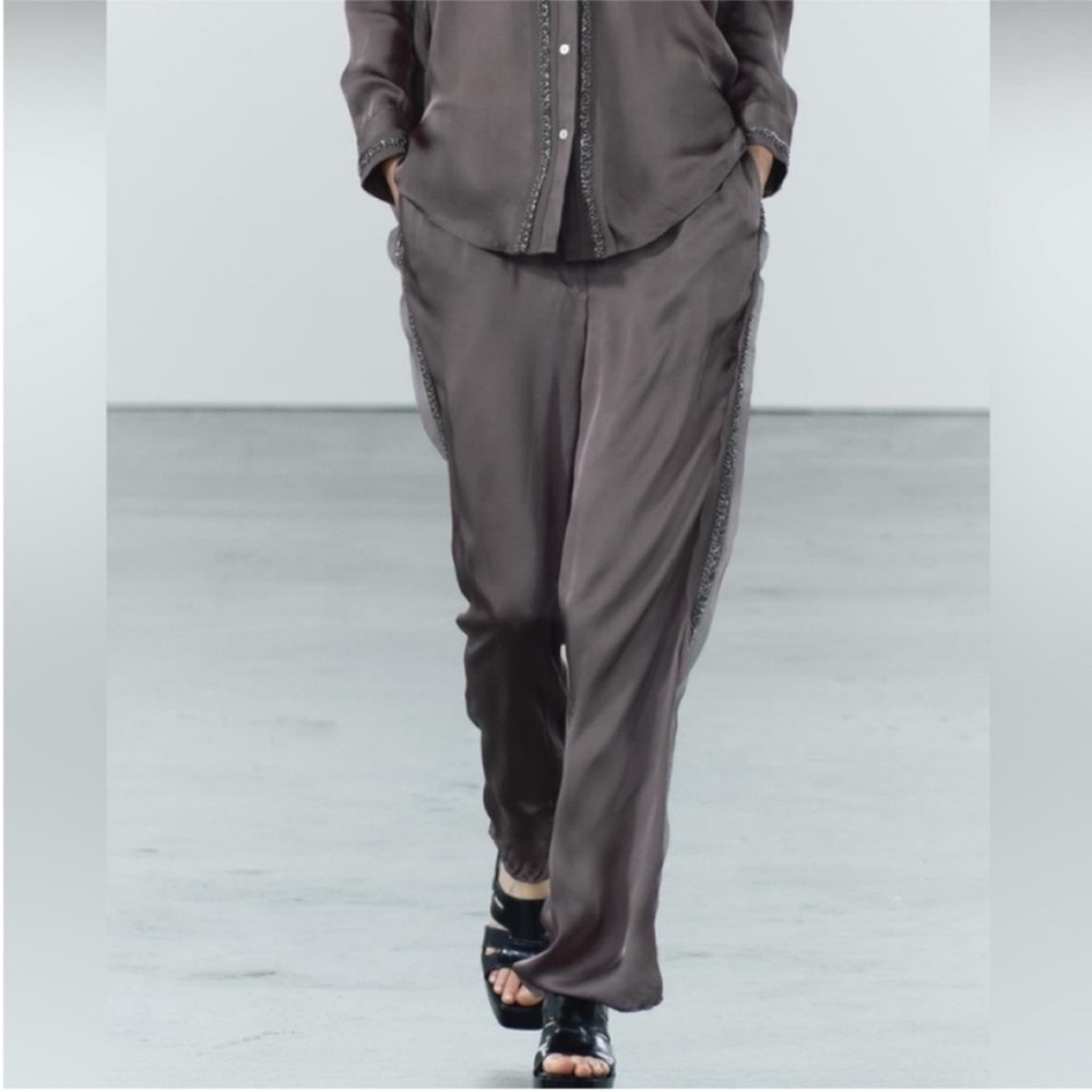 Zara, Gray, Embroidered Satin Effect Pants ZW Collection, Medium